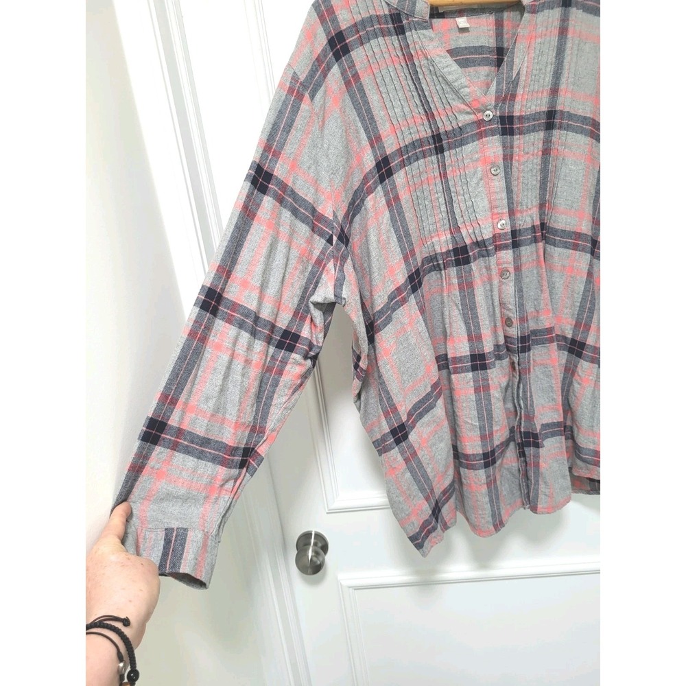 Gray Plaid Collarless Button Up Relaxed Fit Top Woman Within 3X - Picture 3 of 7